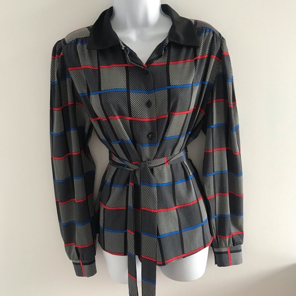 St.Michael Chic Plaid Pattern Black Collared Button Down Shirt with Belt 90’s - Picture 15 of 16